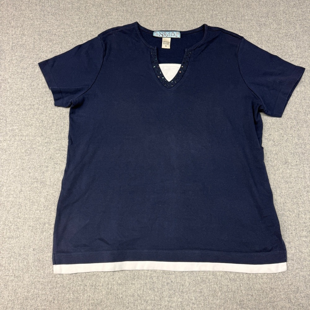 Spectra | Top | 1X | Navy Blue | Sequin Faux Layered Short Sleeve Tee